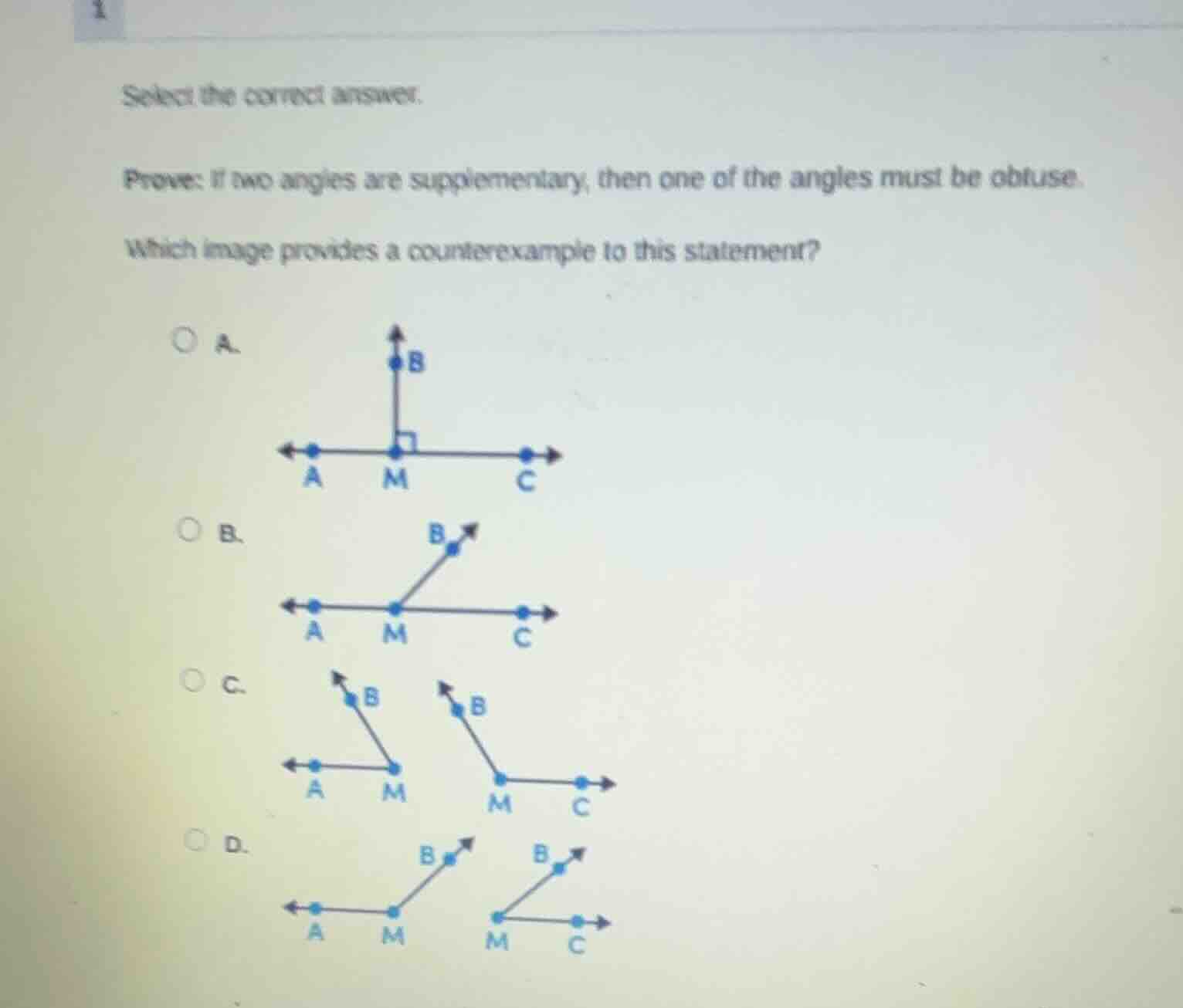 select the correct answer. prove: if two angles are supplementary, then…