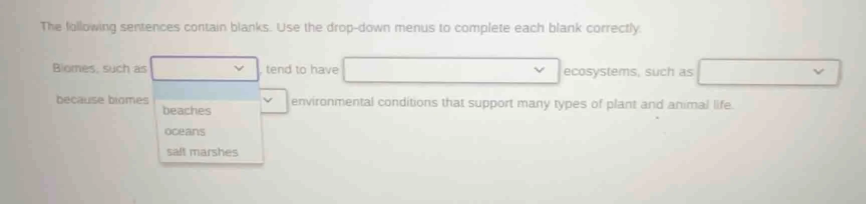 the following sentences contain blanks. use the drop - down menus to co…