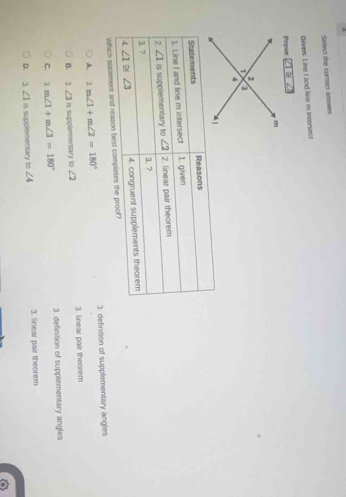 select the correct answer. given: line l and line m intersect prove: ∠1…