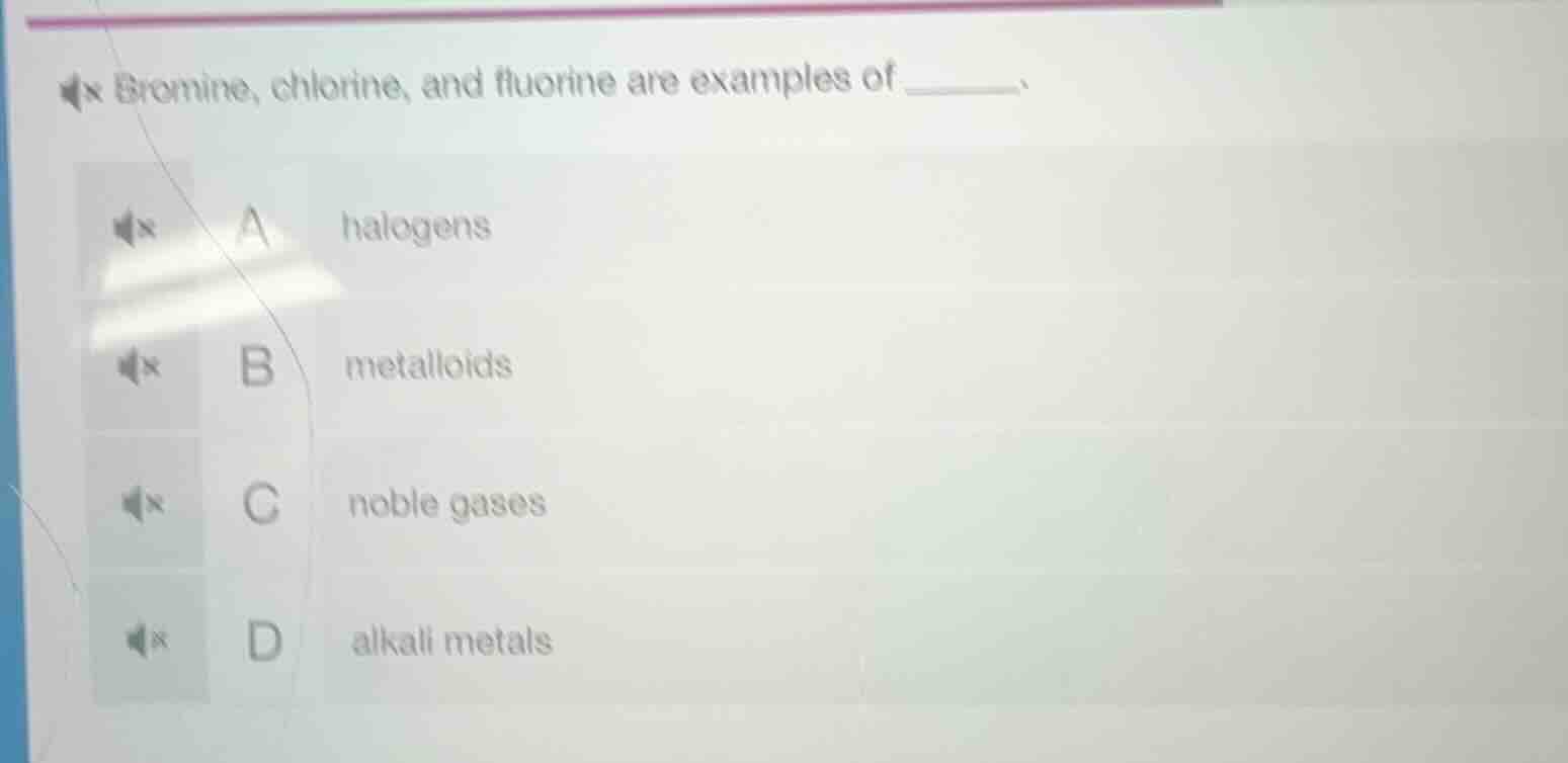 bromine, chlorine, and fluorine are examples of ______. a halogens b me…