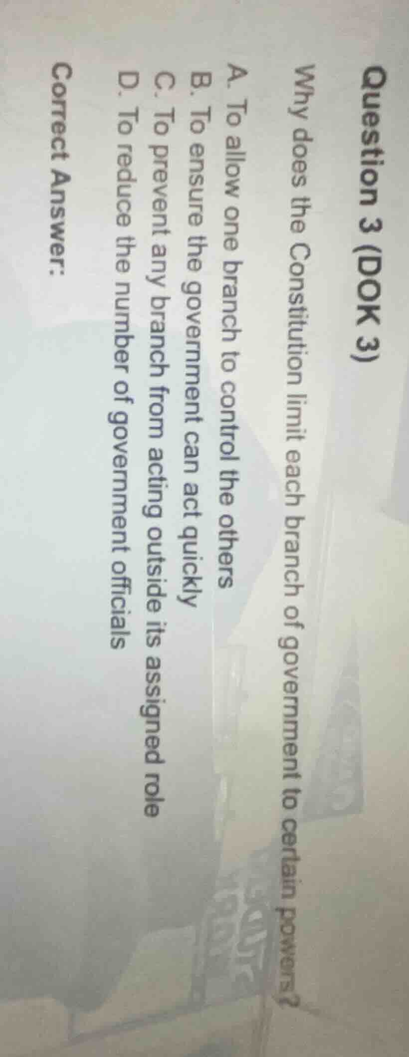 question 3 (dok 3) why does the constitution limit each branch of gover…