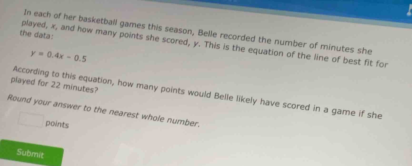in each of her basketball games this season, belle recorded the number …