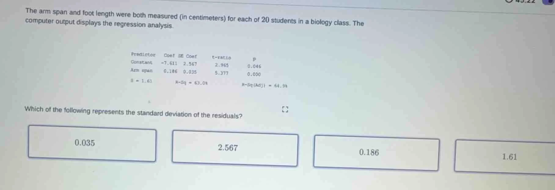 the arm span and foot length were both measured (in centimeters) for ea…