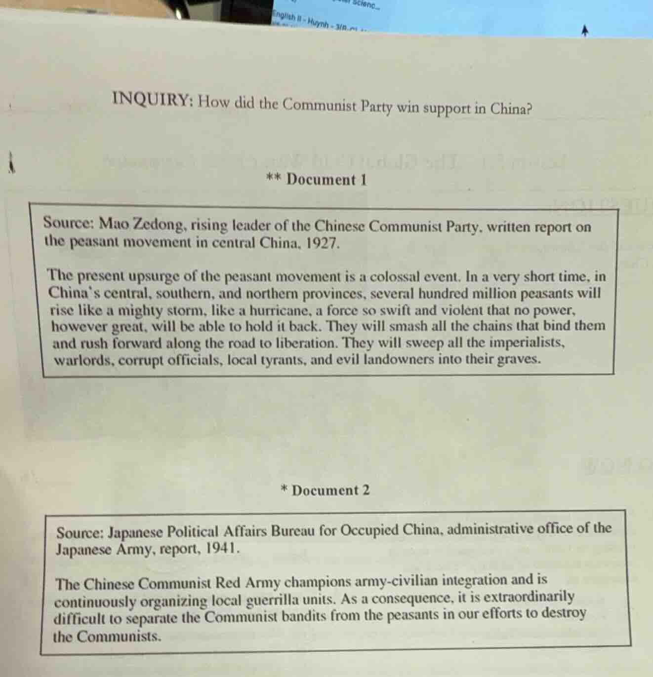 inquiry: how did the communist party win support in china? ** document …