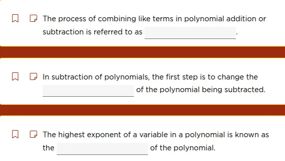 the process of combining like terms in polynomial addition or subtracti…