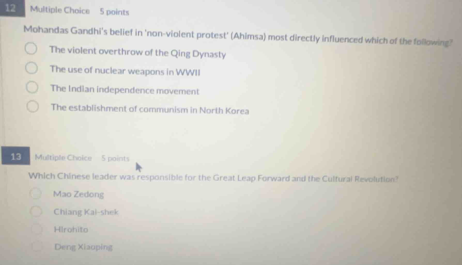 12 multiple choice 5 points mohandas gandhi’s belief in non - violent p…
