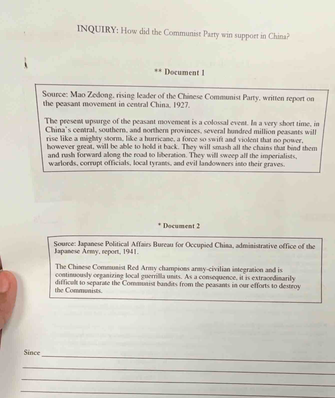 inquiry: how did the communist party win support in china? ** document …