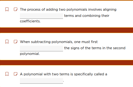 the process of adding two polynomials involves aligning __________ term…