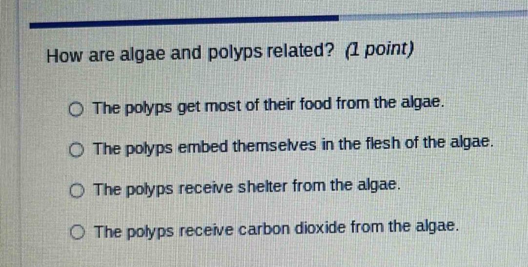 how are algae and polyps related? (1 point) the polyps get most of thei…