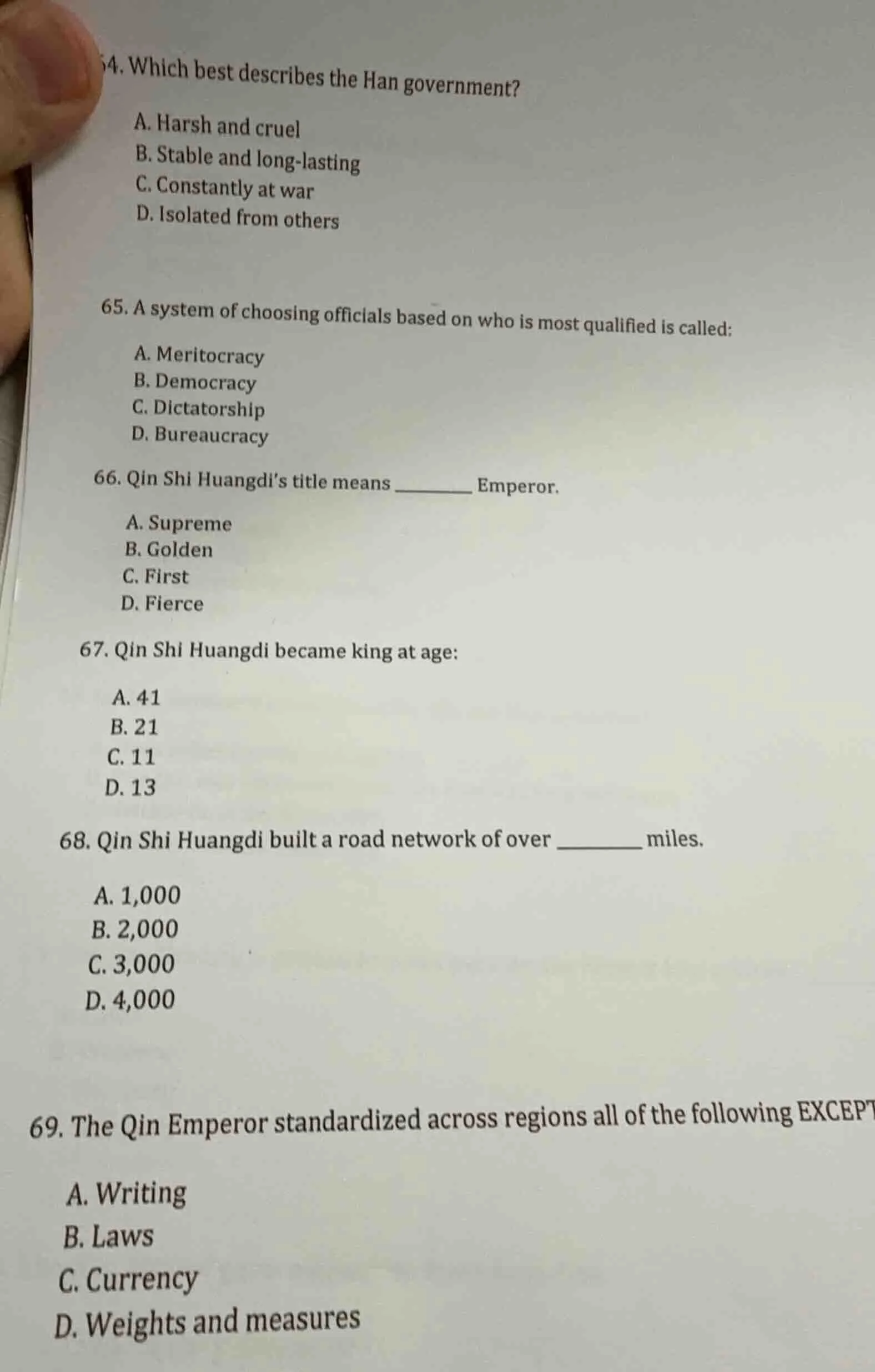 64. which best describes the han government? a. harsh and cruel b. stab…