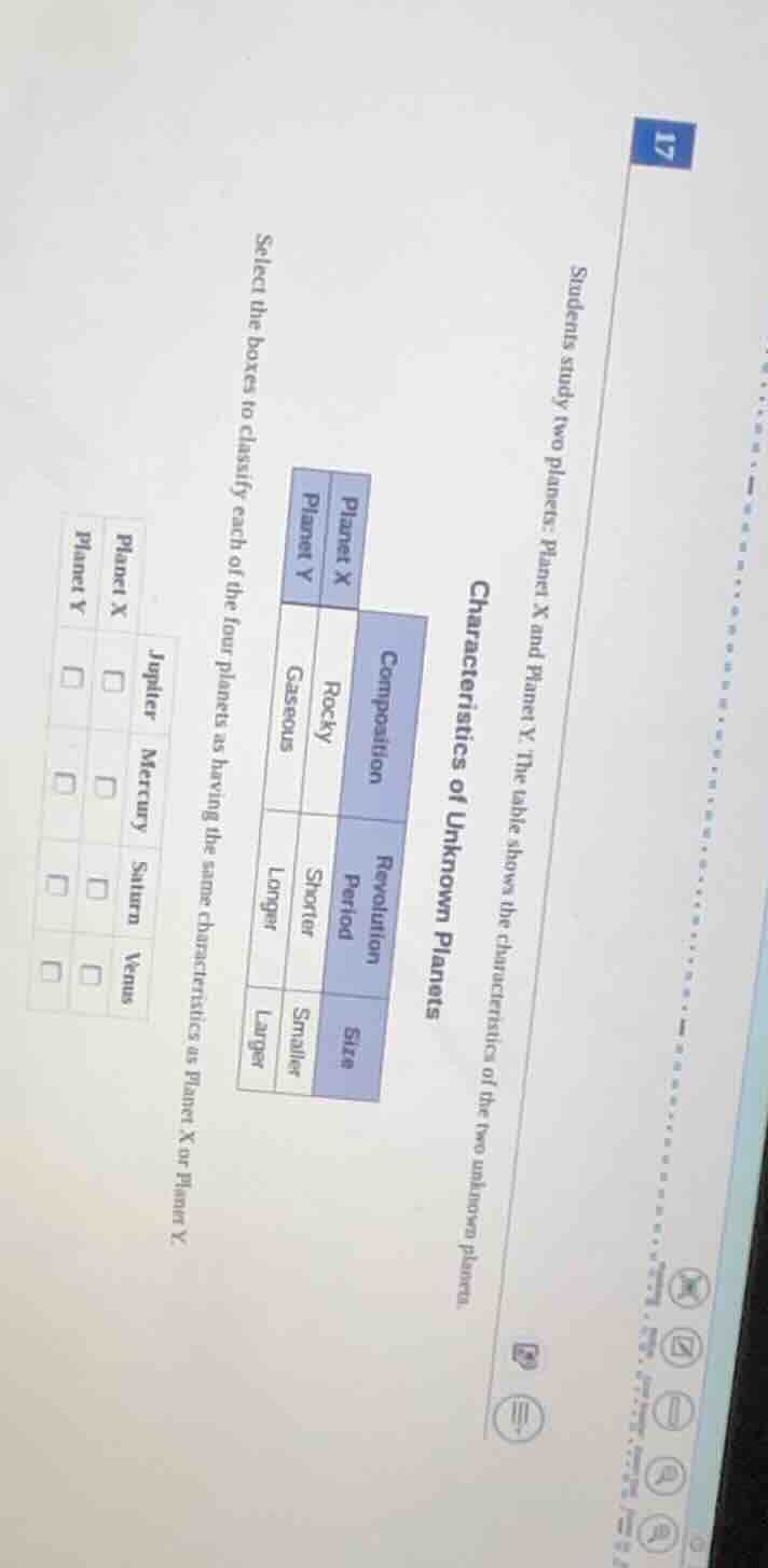 students study two planets: planet x and planet y. the table shows the …