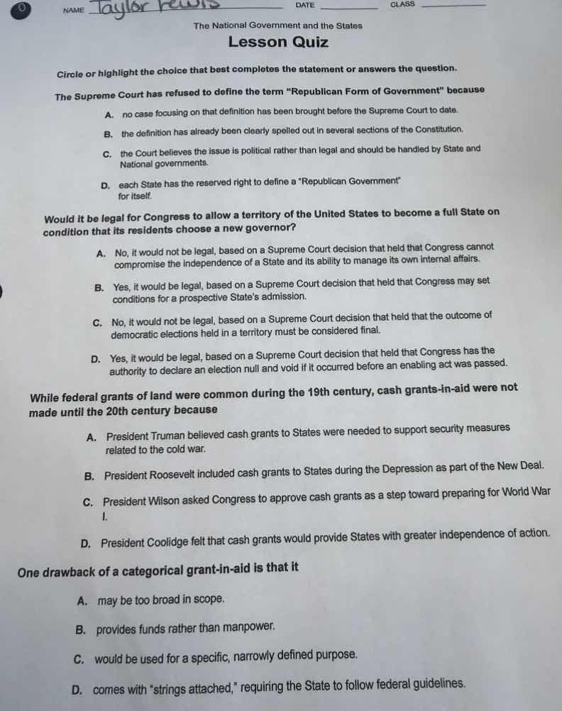 the national government and the states lesson quiz circle or highlight …