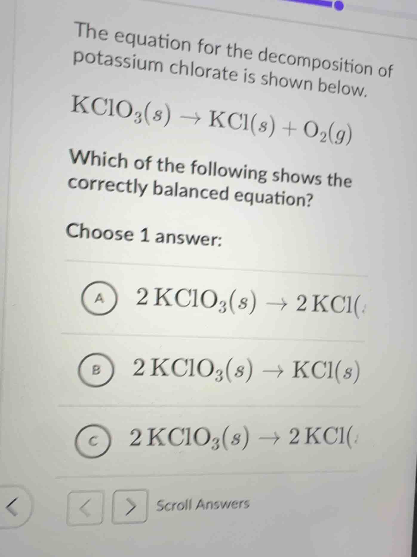 the equation for the decomposition of potassium chlorate is shown below…
