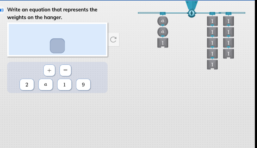 write an equation that represents the weights on the hanger. + = 2 a 1 9