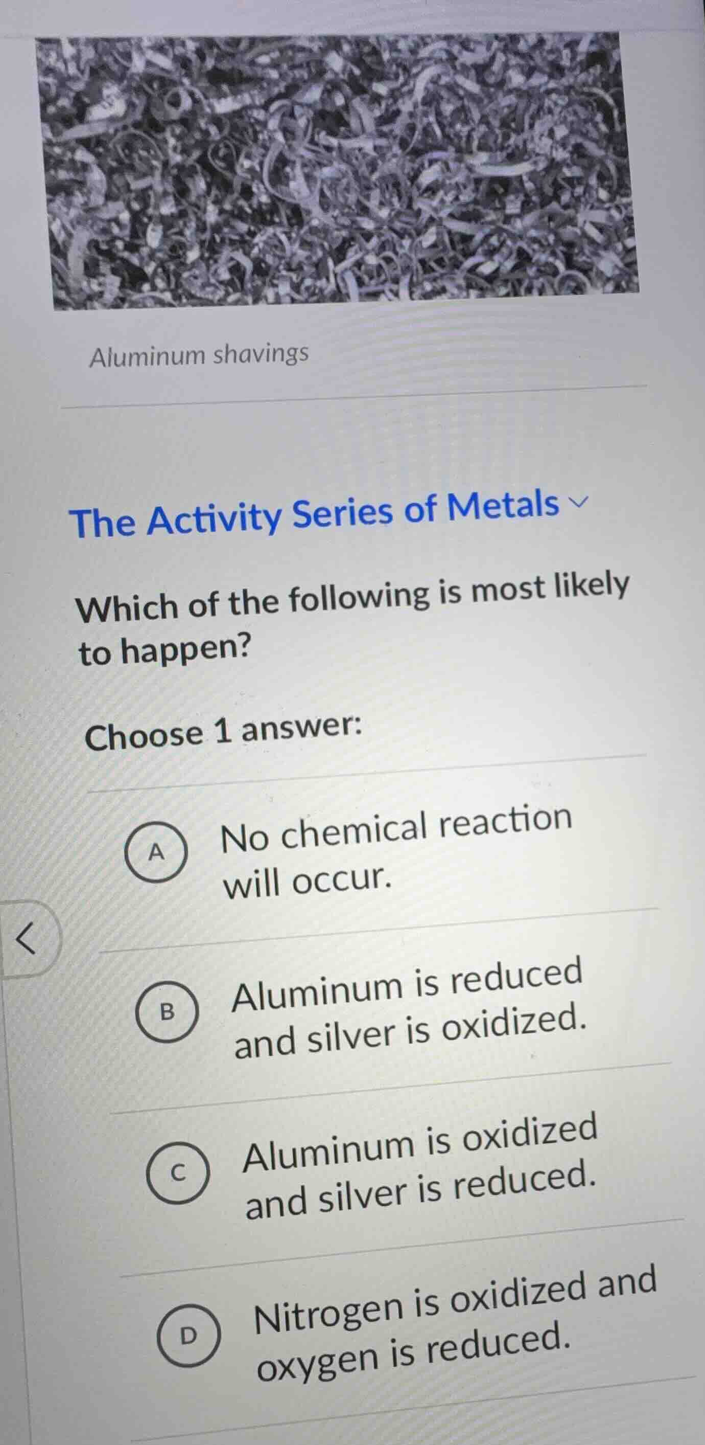 aluminum shavings the activity series of metals which of the following …