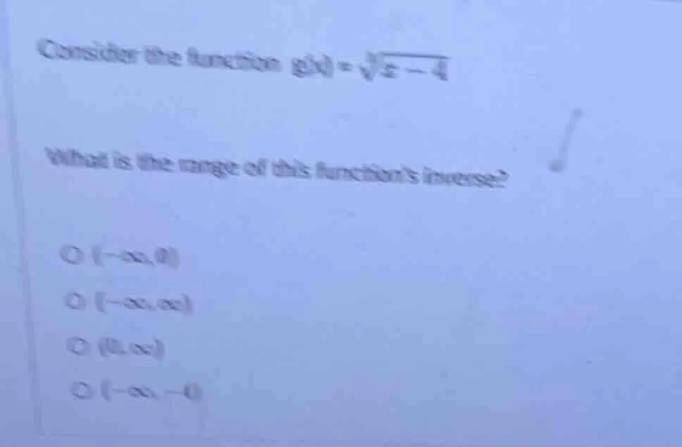 consider the function $g(x) = \\sqrt3{x - 4}$ what is the range of this…