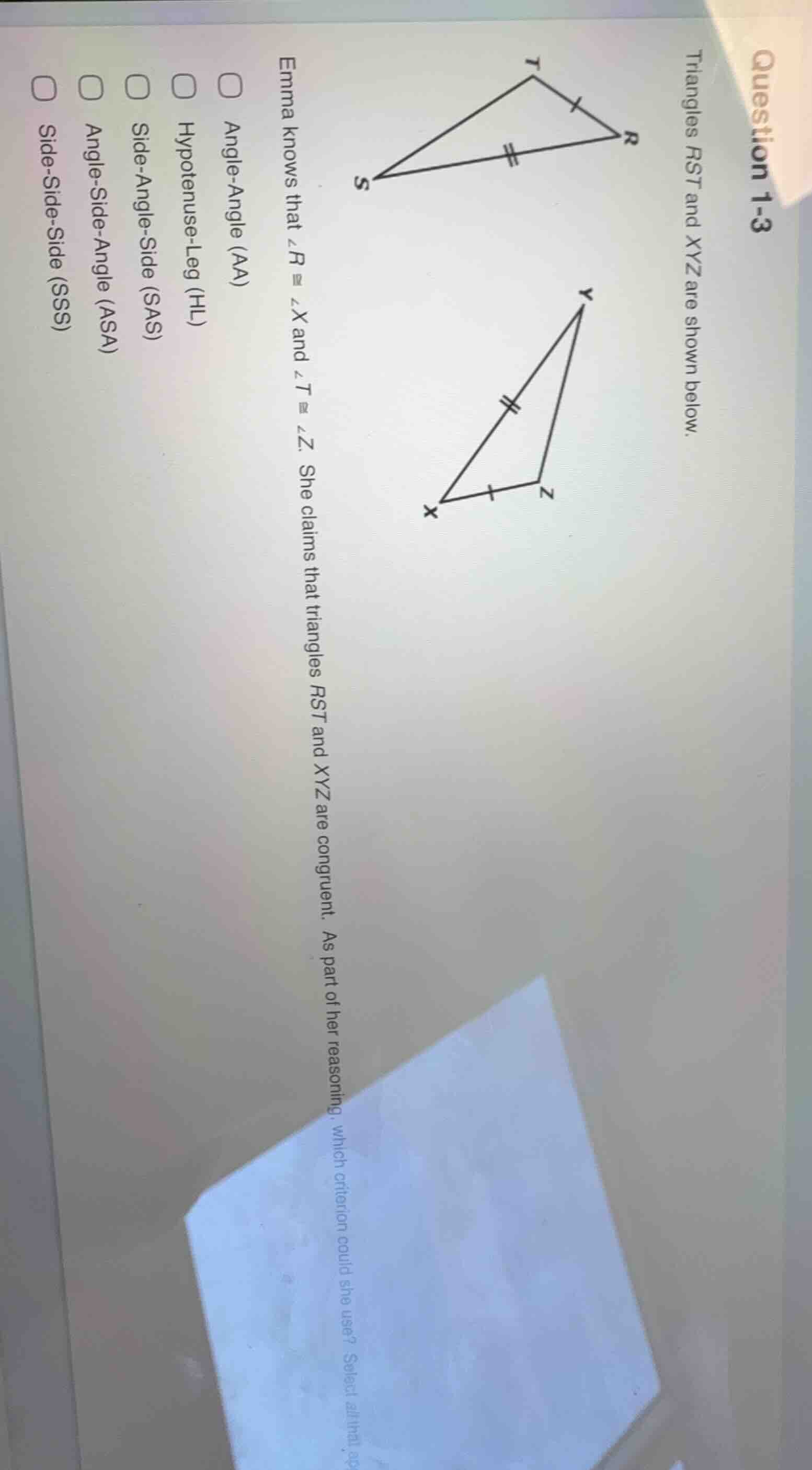question 1-3 triangles rst and xyz are shown below. emma knows that ∠r …