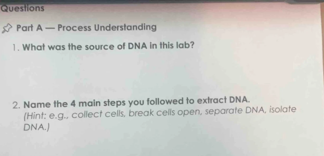 questions part a — process understanding 1. what was the source of dna …