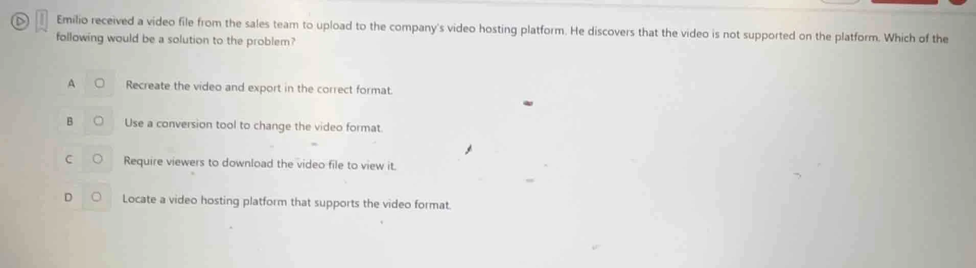 emilio received a video file from the sales team to upload to the compa…