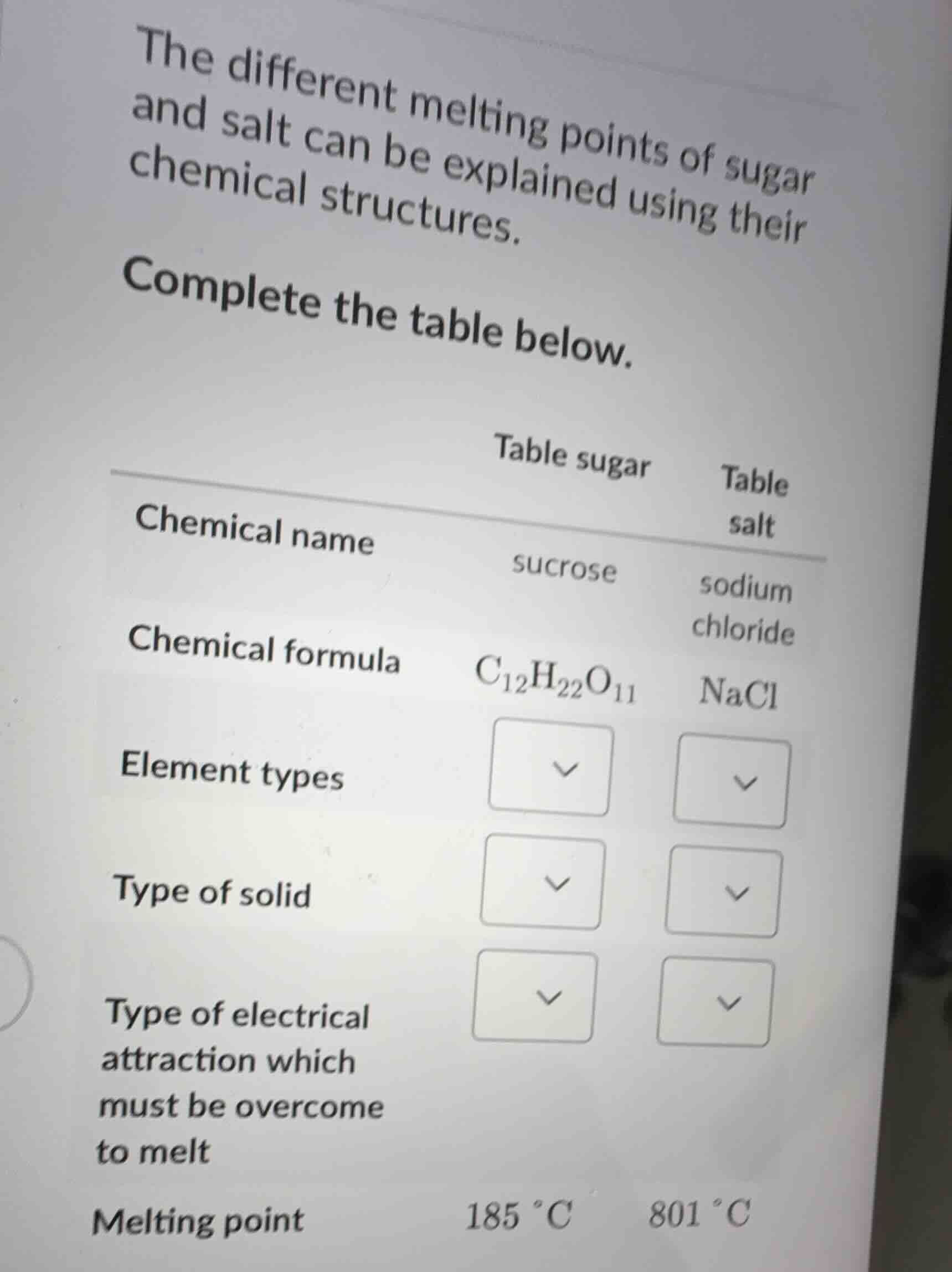 the different melting points of sugar and salt can be explained using t…