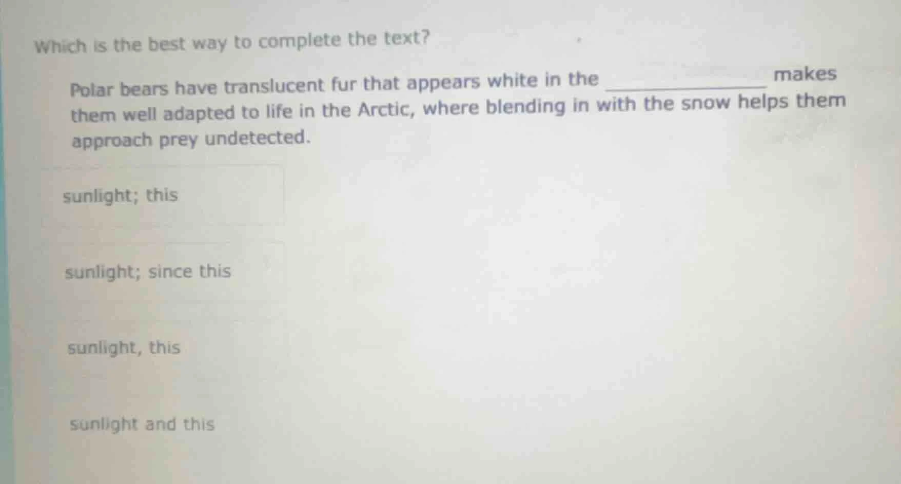 which is the best way to complete the text? polar bears have translucen…