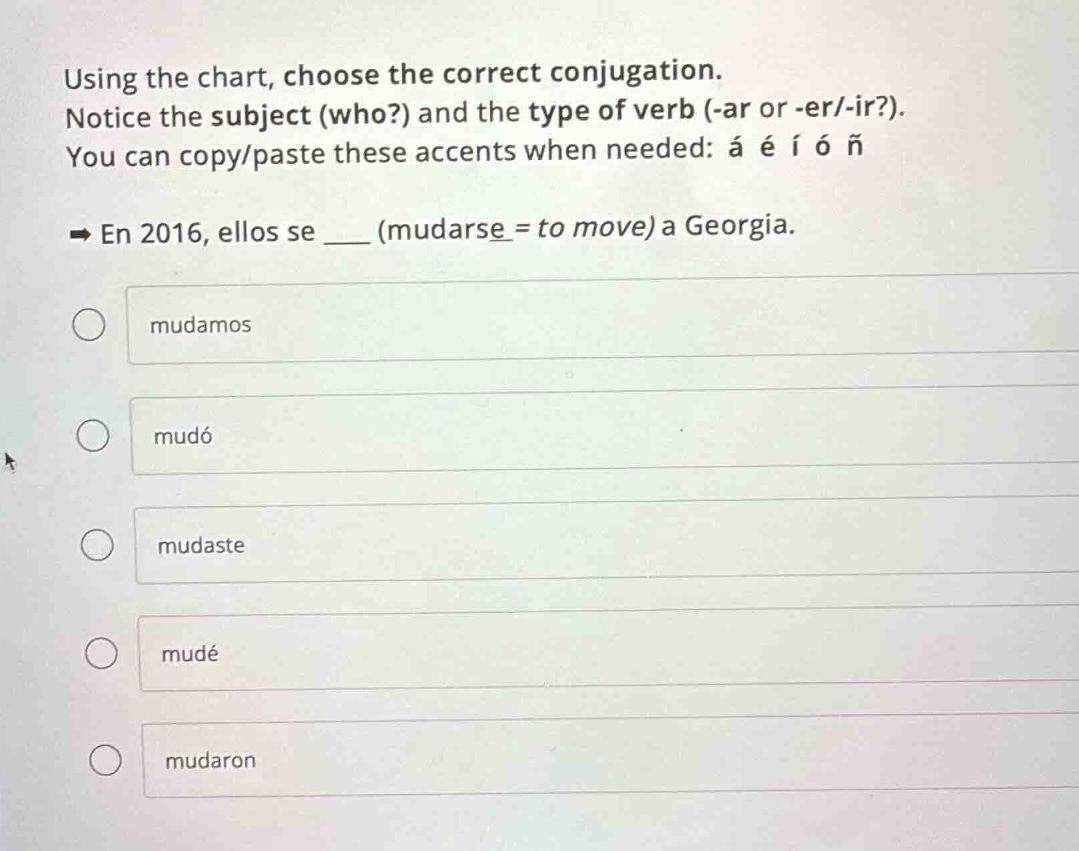 using the chart, choose the correct conjugation. notice the subject (wh…