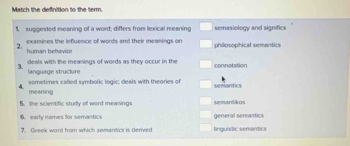 match the definition to the term. 1. suggested meaning of a word; diffe…