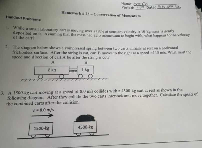 name: period: date: homework # 23 – conservation of momentum handout pr…