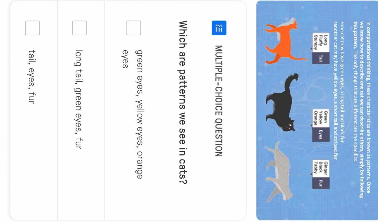 multiple-choice question which are patterns we see in cats? green eyes,…