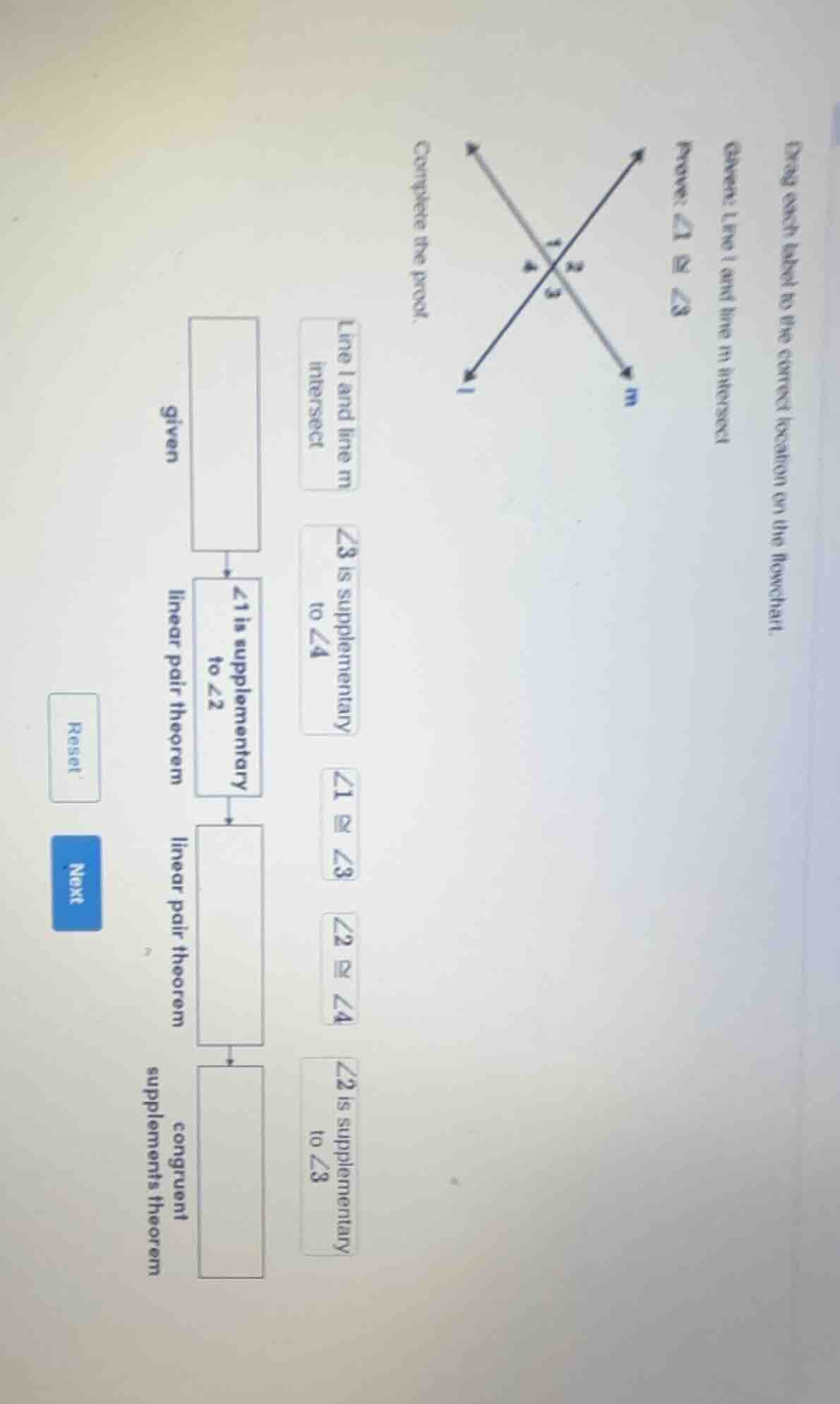 drag each label to the correct location on the flowchart. given: line l…