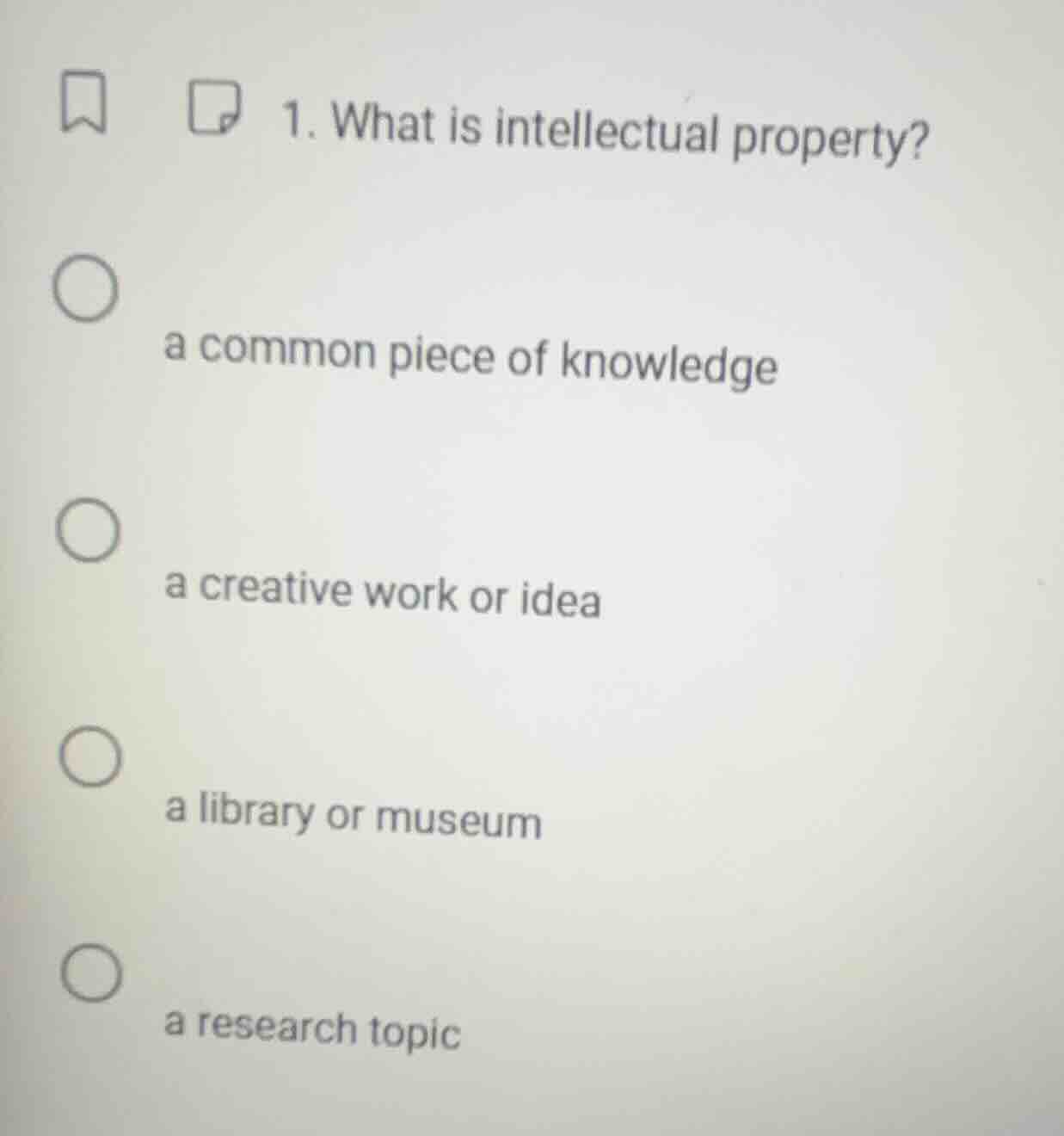 1. what is intellectual property? a common piece of knowledge a creativ…