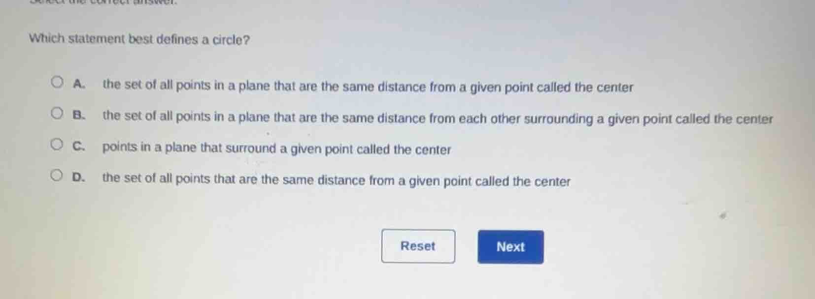 which statement best defines a circle? a. the set of all points in a pl…