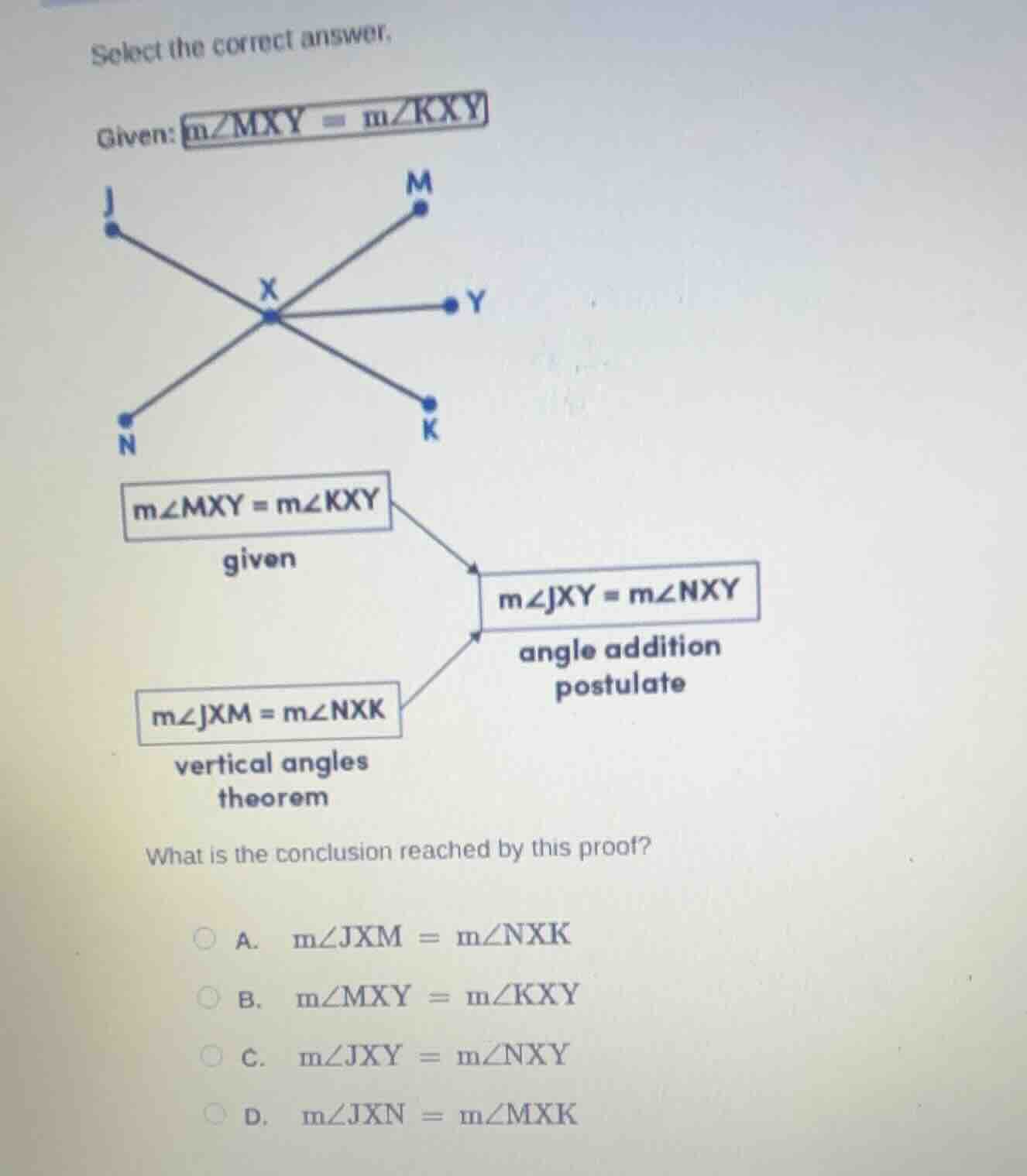 select the correct answer. given: ( mangle mxy = mangle kxy ) what is t…