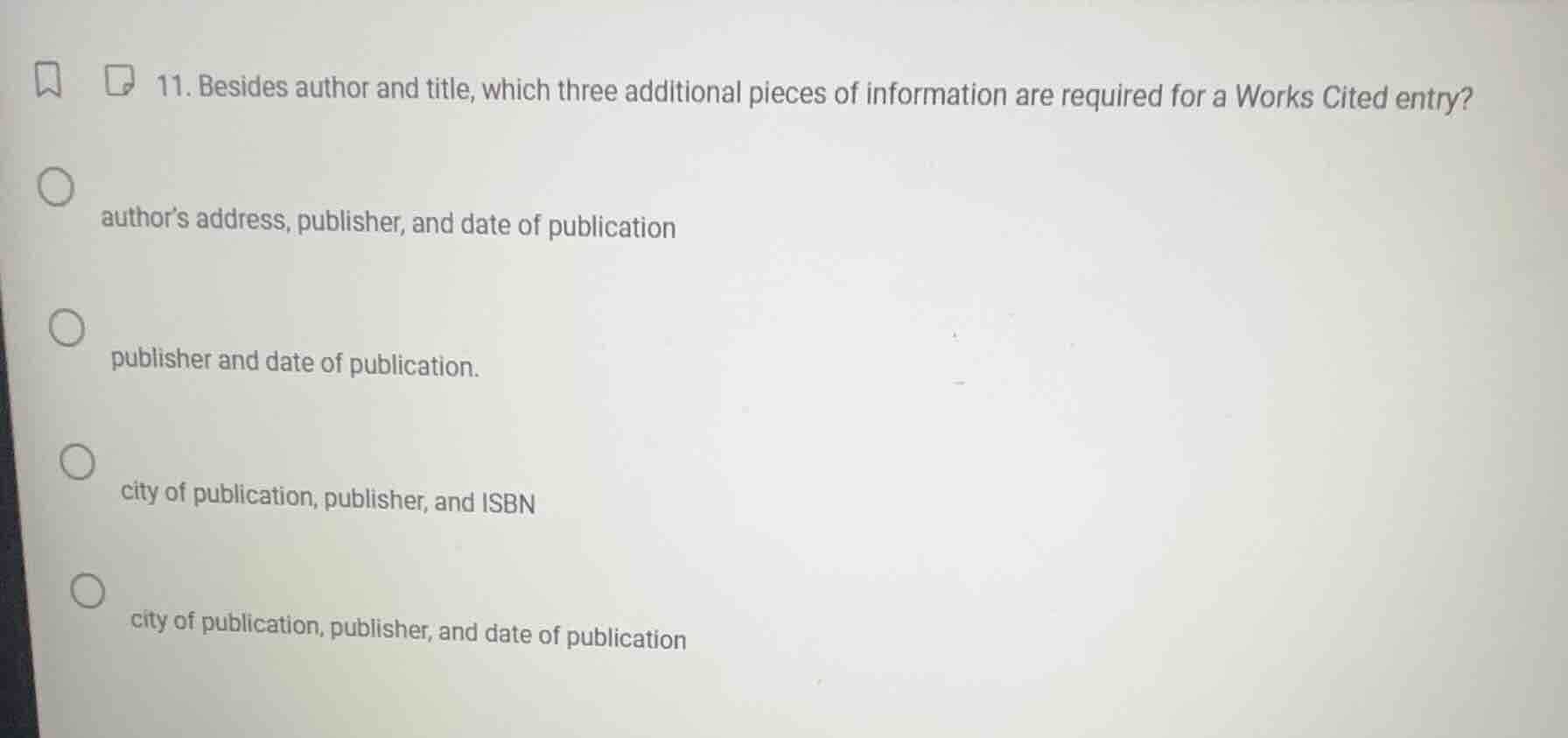 11. besides author and title, which three additional pieces of informat…