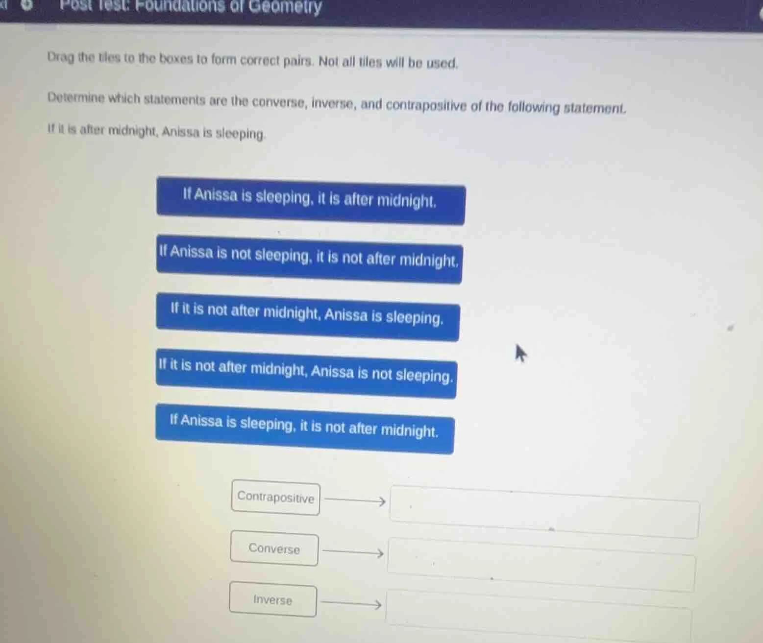 drag the tiles to the boxes to form correct pairs. not all tiles will b…