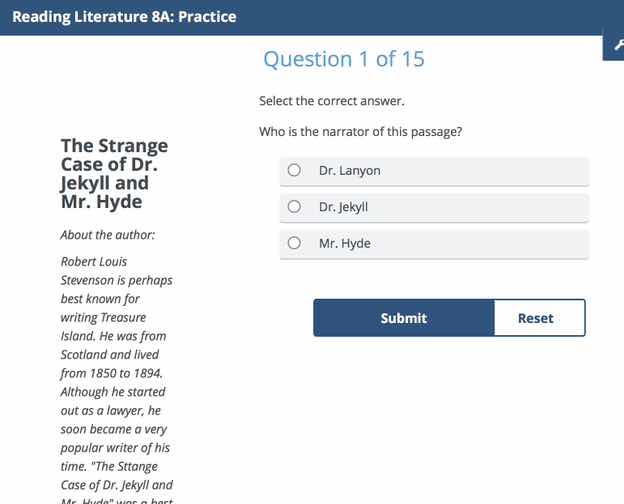 reading literature 8a: practice question 1 of 15 select the correct ans…