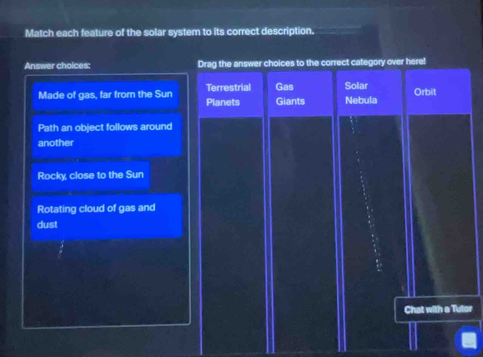 match each feature of the solar system to its correct description. answ…