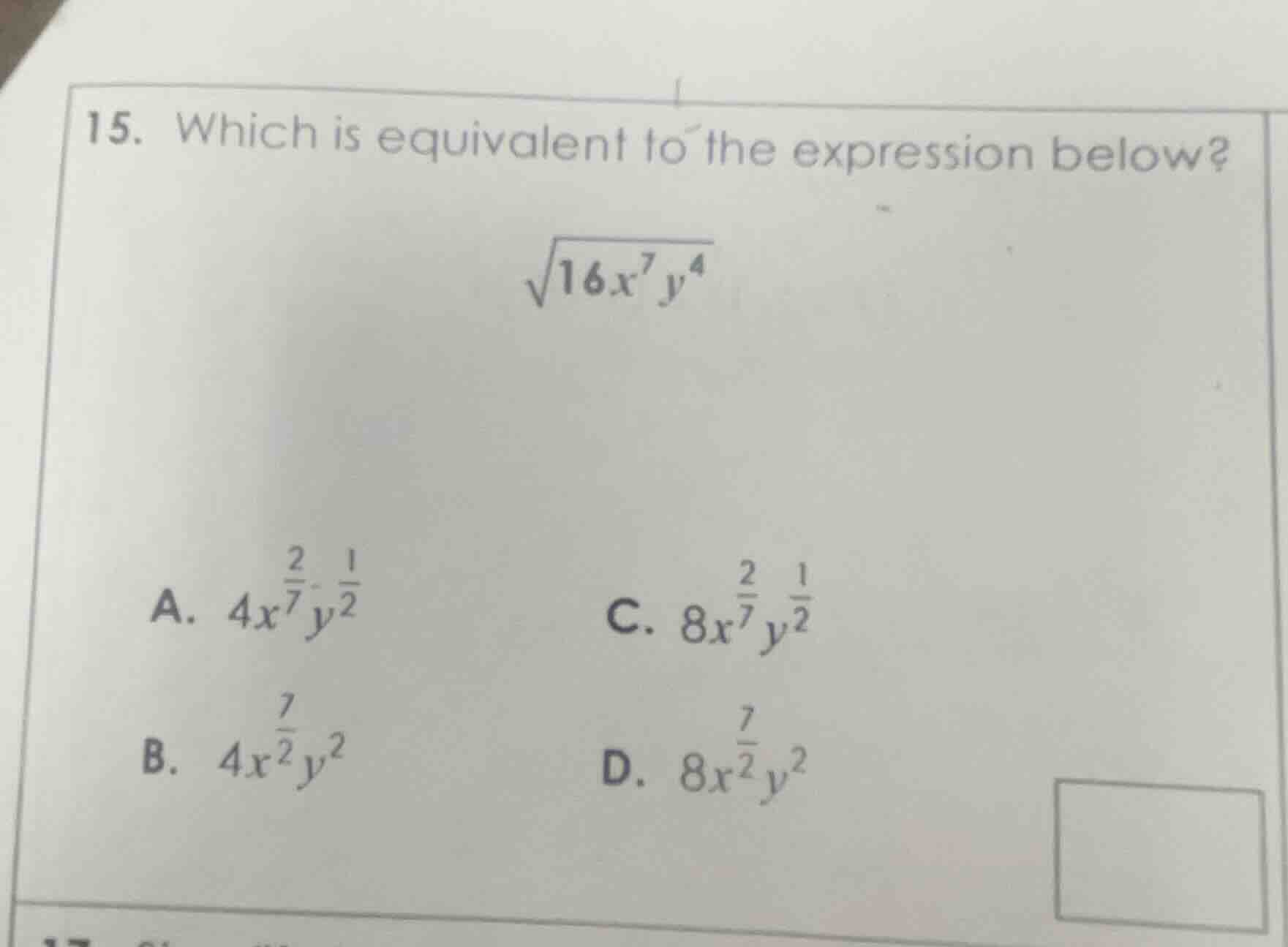 15. which is equivalent to the expression below? \\sqrt{16x^{7}y^{4}} a…