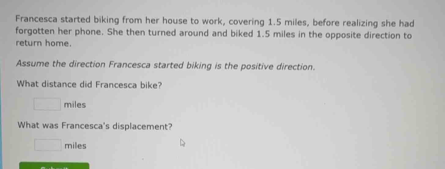 francesca started biking from her house to work, covering 1.5 miles, be…