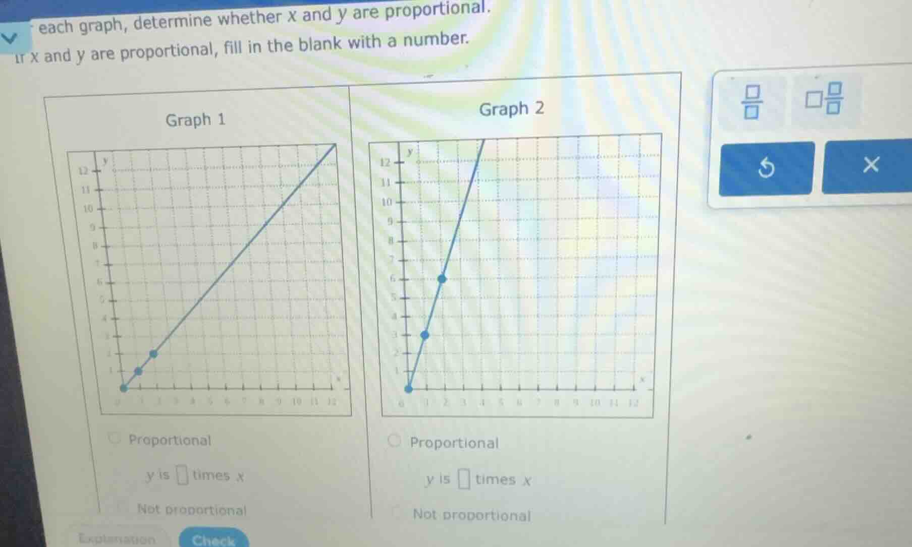 each graph, determine whether x and y are proportional. if x and y are …