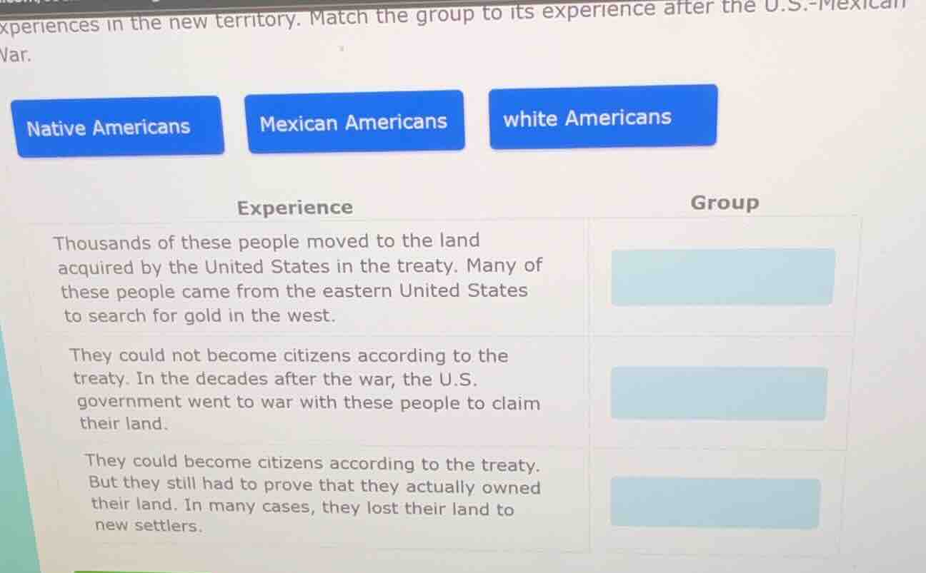 experiences in the new territory. match the group to its experience aft…