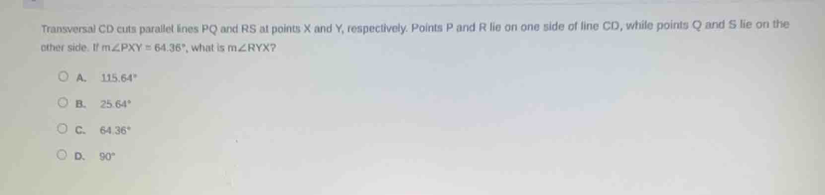 transversal cd cuts parallel lines pq and rs at points x and y, respect…