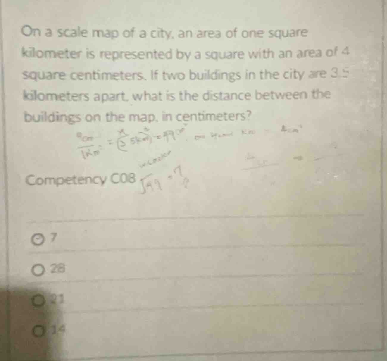 on a scale map of a city, an area of one square kilometer is represente…
