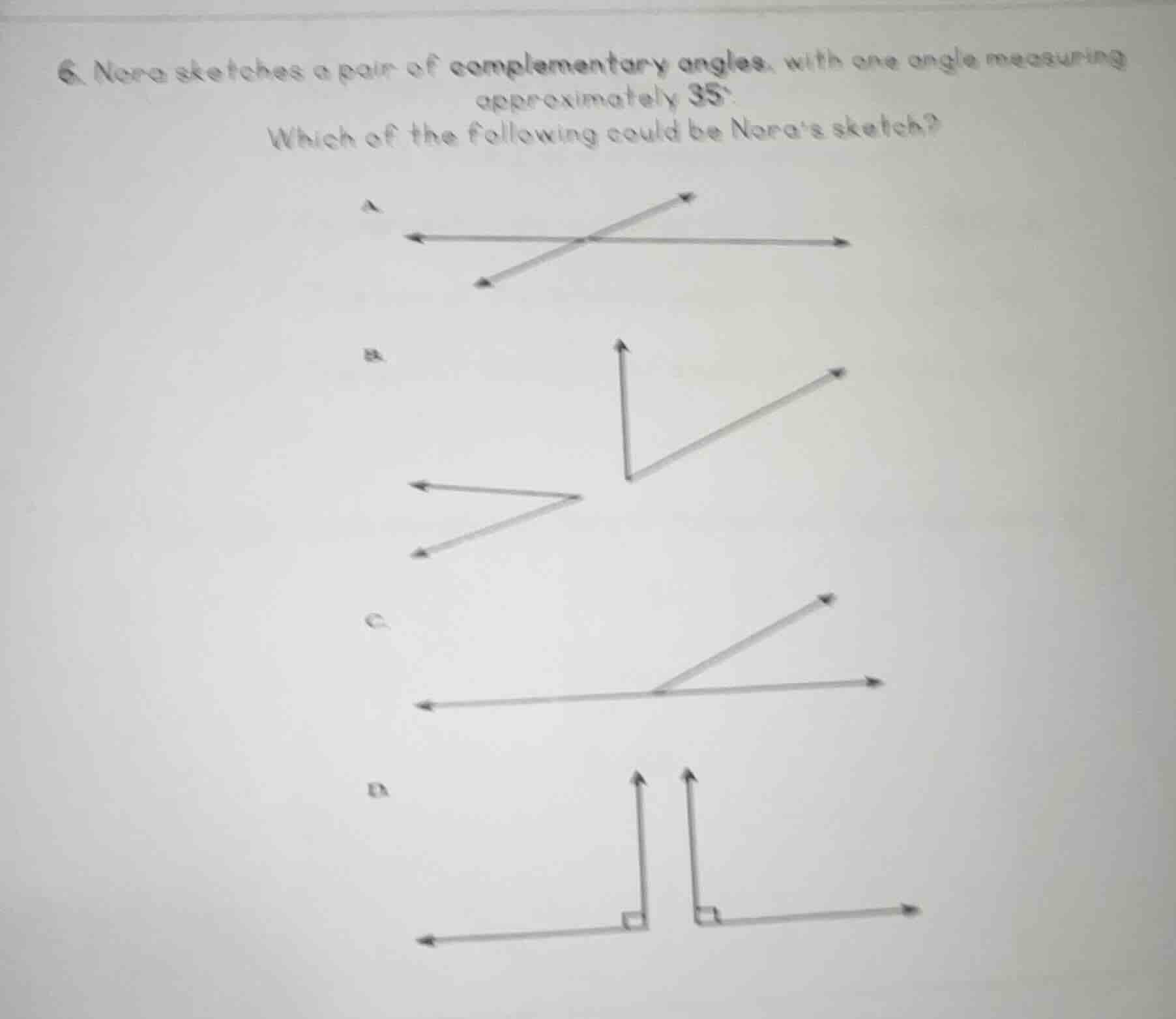 6. nora sketches a pair of complementary angles, with one angle measuri…