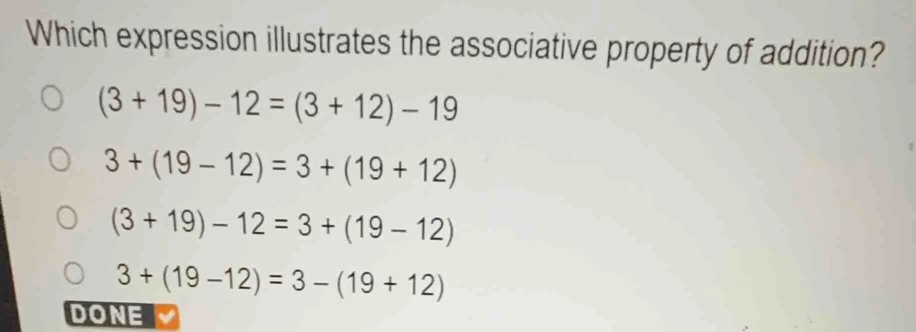 which expression illustrates the associative property of addition? (3 +…
