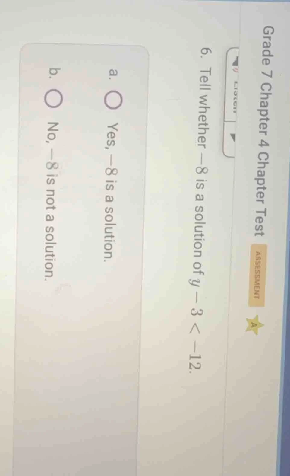 grade 7 chapter 4 chapter test assessment 6. tell whether -8 is a solut…