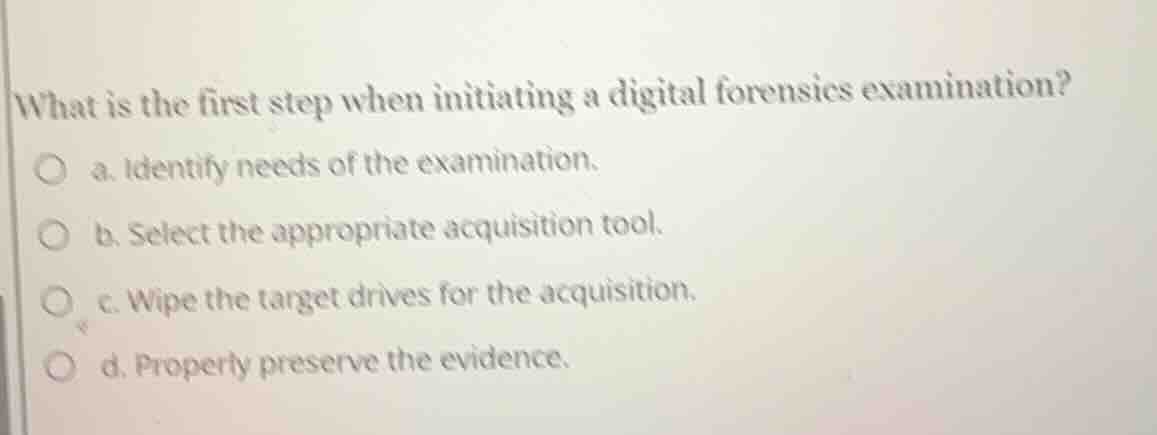 what is the first step when initiating a digital forensics examination?…