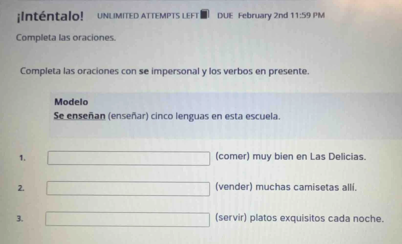 ¡inténtalo! unlimited attempts left due february 2nd 11:59 pm completa …