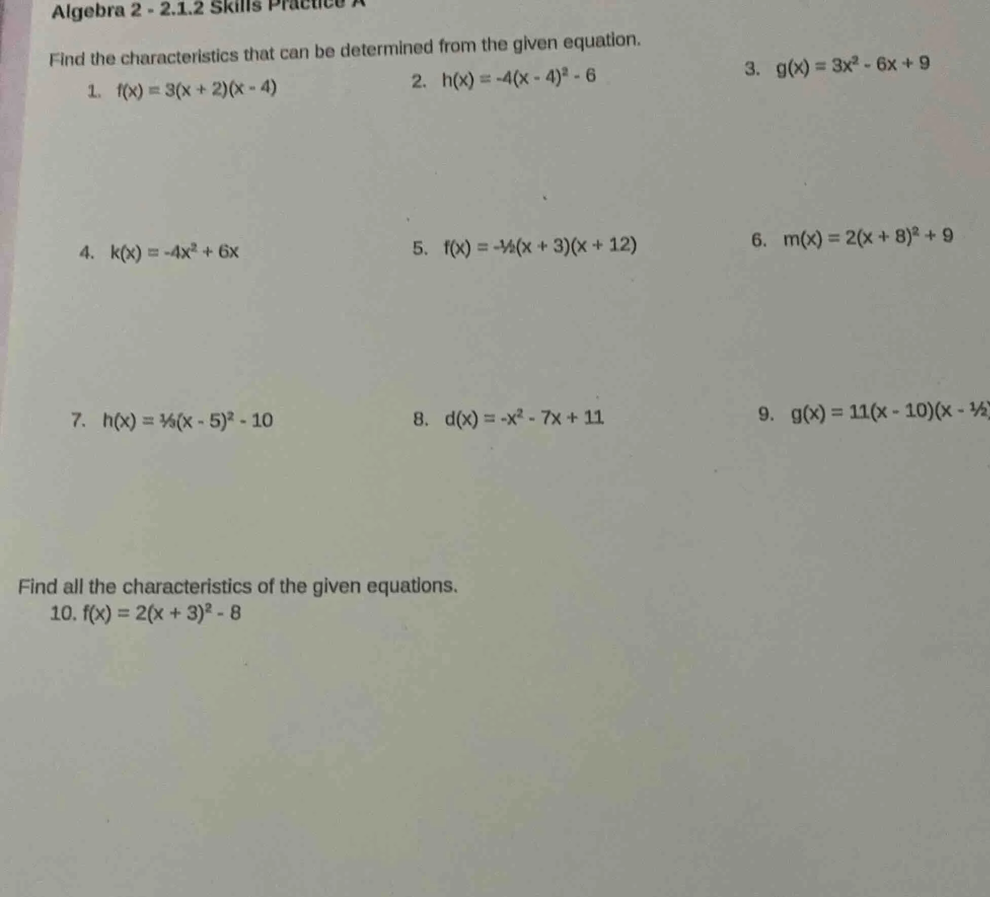 algebra 2 - 2.1.2 skills practice a find the characteristics that can b…