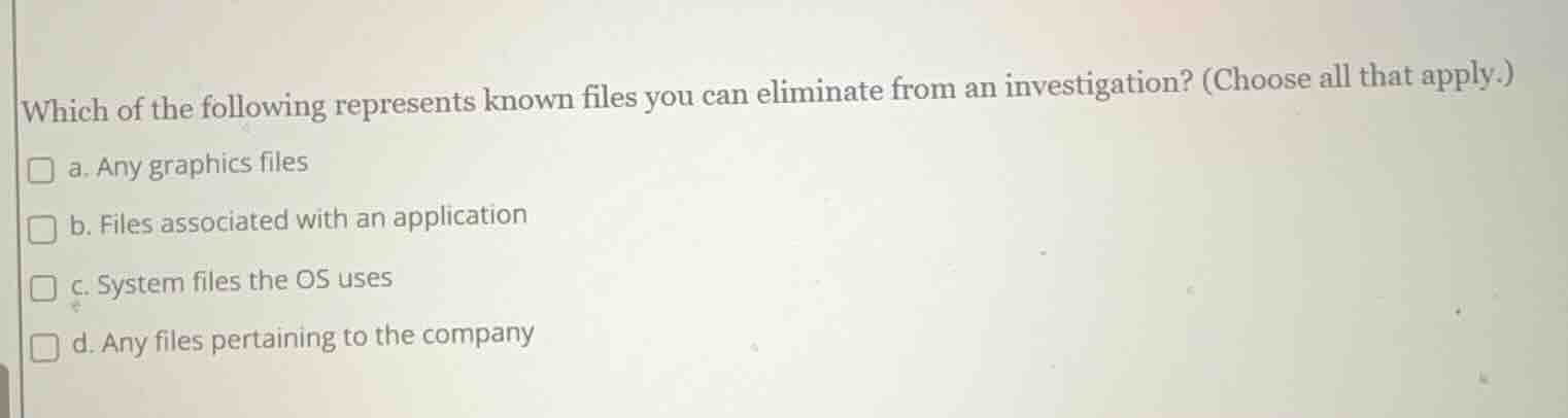 which of the following represents known files you can eliminate from an…